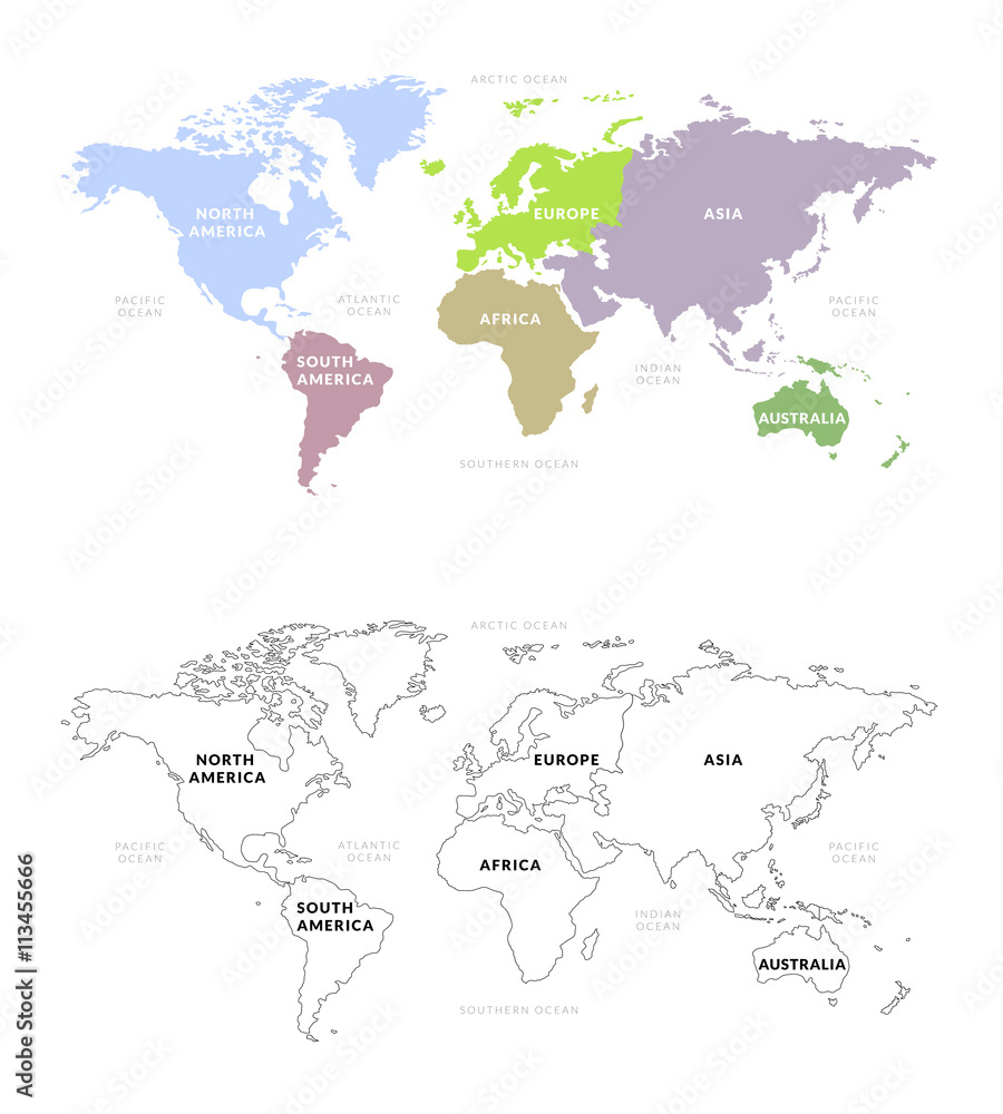World Map Continents Colored and Outline / Vector of World Map ...