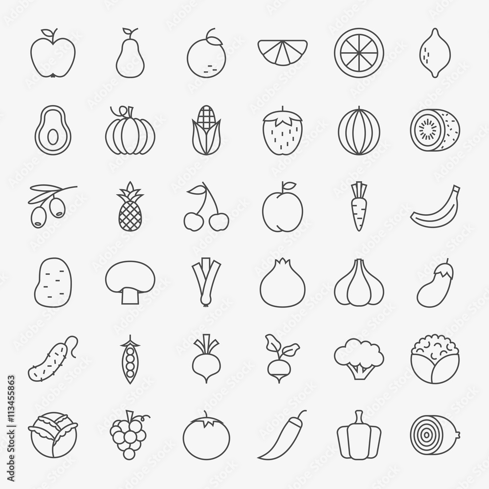Fruit Vegetable Line Art Design Icons Big Set Fruit Vegetable Line Art Design Icons Big Set