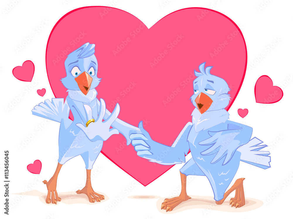 Wedding doves bird engagement. Dove offers his heart. Template for wedding invitation Wedding doves bird engagement. Dove offers his heart. Template for wedding invitation
