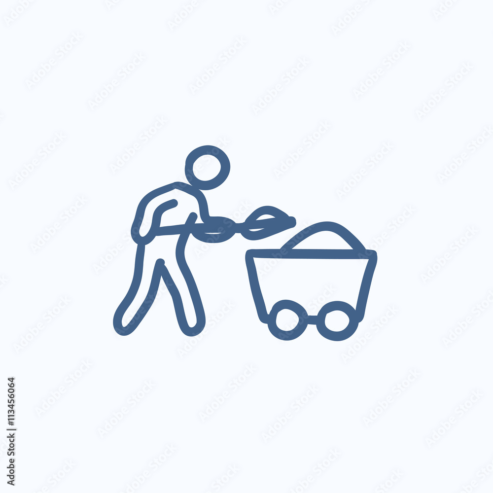 Obraz premium Mining worker with trolley sketch icon.