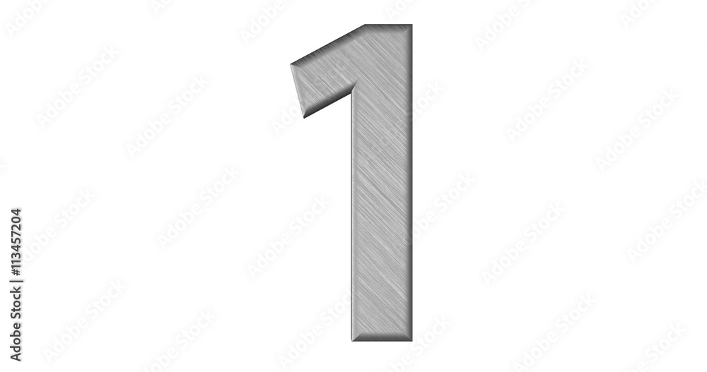 The 3d rendering of the letter 1 in brushed metal on a white iso The 3d rendering of the letter 1 in brushed metal on a white iso