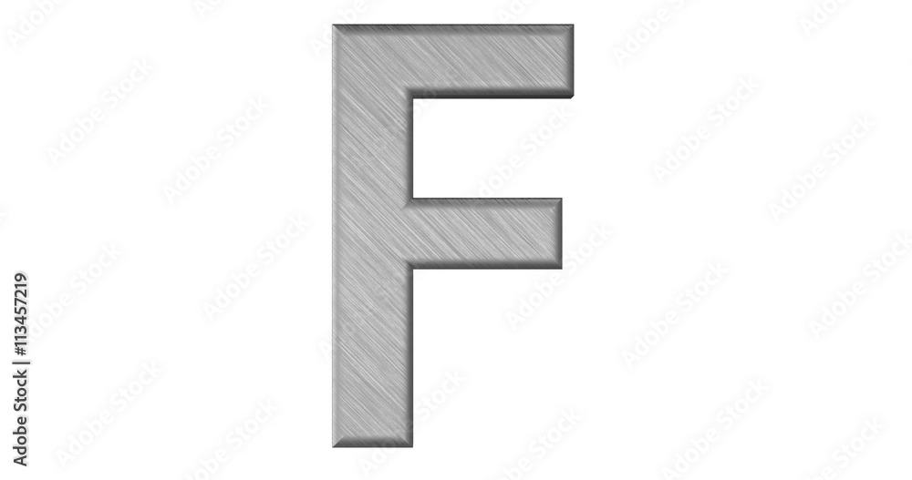 The 3d rendering of the letter F in brushed metal on a white iso The 3d rendering of the letter F in brushed metal on a white iso