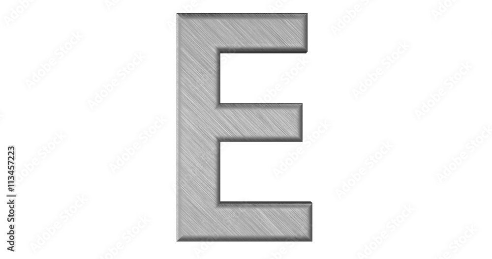 The 3d rendering of the letter E in brushed metal on a white iso The 3d rendering of the letter E in brushed metal on a white iso