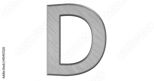 The 3d rendering of the letter D in brushed metal on a white iso