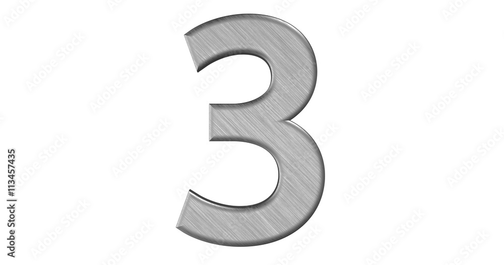 The 3d rendering of the letter 3 in brushed metal on a white iso The 3d rendering of the letter 3 in brushed metal on a white iso