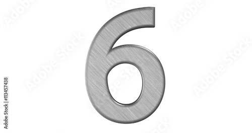 The 3d rendering of the letter 6 in brushed metal on a white iso