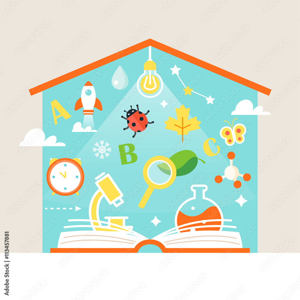 Open Book and School Subjects Symbols. Home Schooling Education Concept Illustration