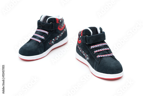 pair of black stylish shoes for kid on white background