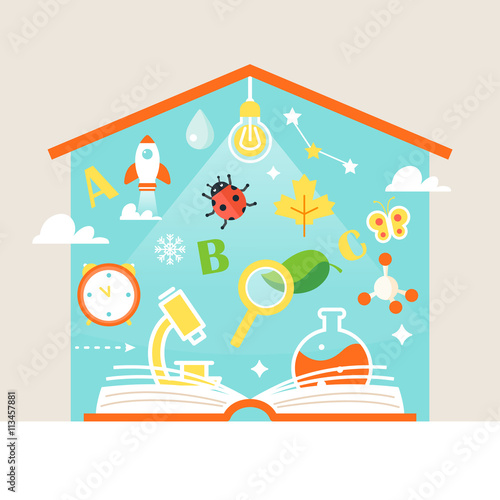 Open Book and School Subjects Symbols. Home Schooling Education Concept Illustration
