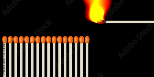 A number of matches and lit one burning match in front of a chain reaction of combustion. Illustration in vector format with a black background