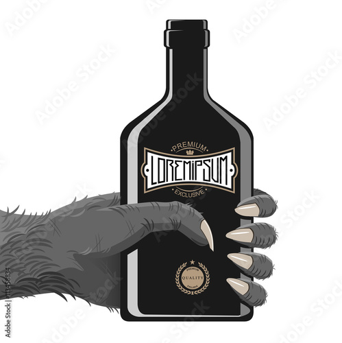 Hand gorily or another monkey, maybe a monster with a bottle of alcohol or energy in black with vintage abstract logo. Hand and fingers are grouped separate entity