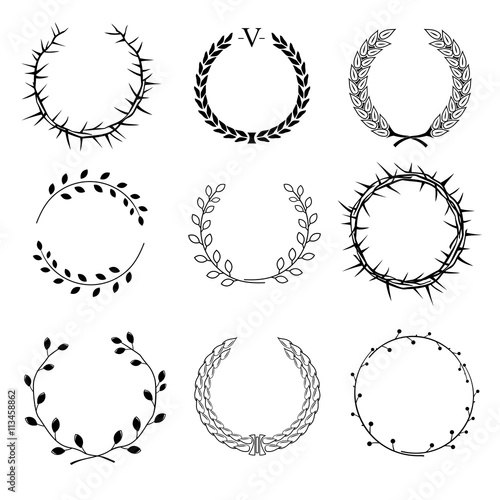 Set of different circular wreaths of different plants - thorns, laurel, of ears and seeds of different branches with leaves on a white background in vector graphics photo