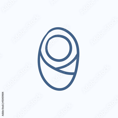 Infant wrapped in swaddling clothes sketch icon.