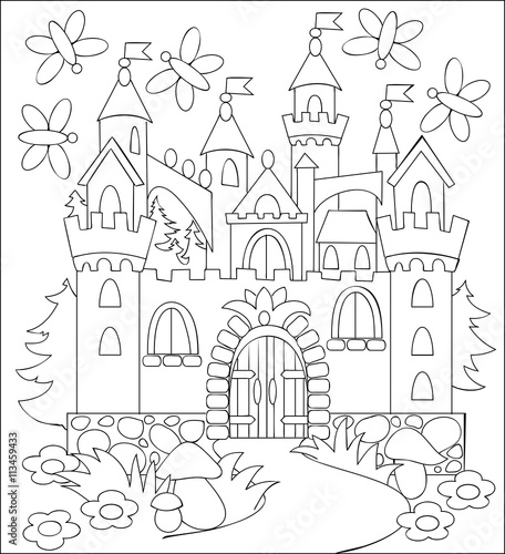 Black and white illustration of fairyland medieval castle for coloring. Developing children skills for drawing. Vector image.