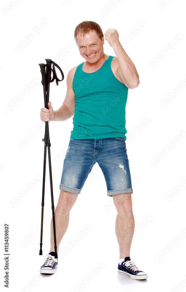 Sports man t-shirt and shorts holding a Nordic walk-Isolated on white background