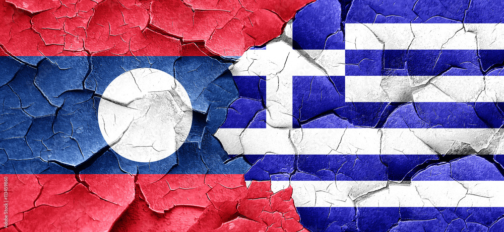 Laos flag with Greece flag on a grunge cracked wall