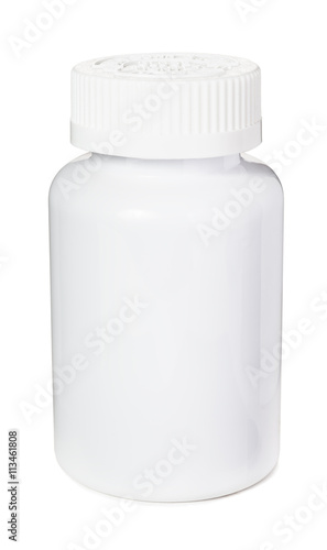 Child proof pill bottle with safety cap. Isolated on white background with clipping path