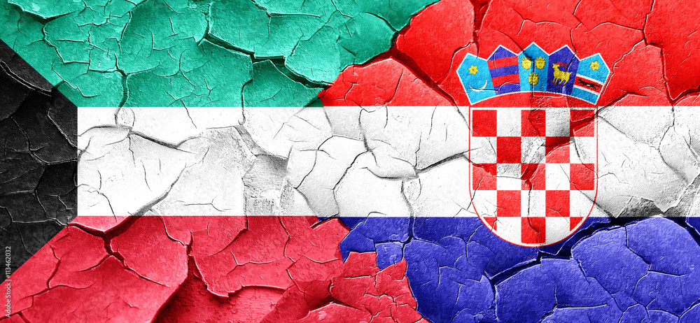 Kuwait flag with Croatia flag on a grunge cracked wall Kuwait flag with Croatia flag on a grunge cracked wall