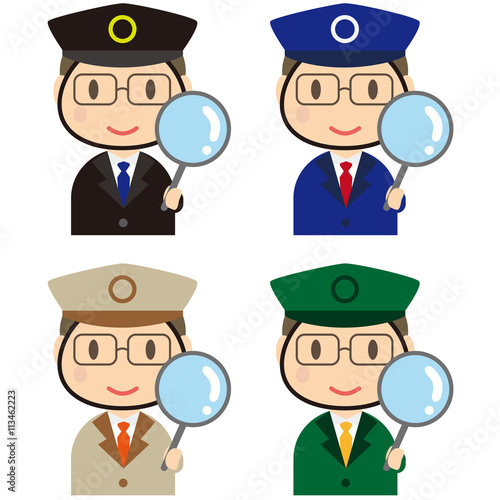 4色の制服の運転手　虫眼鏡を持つ