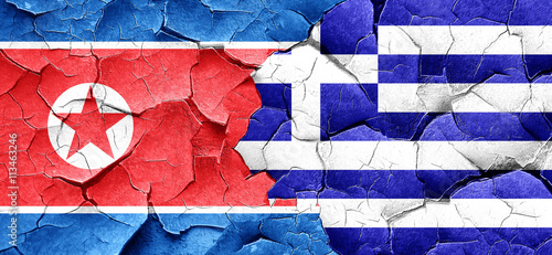 North Korea flag with Greece flag on a grunge cracked wall