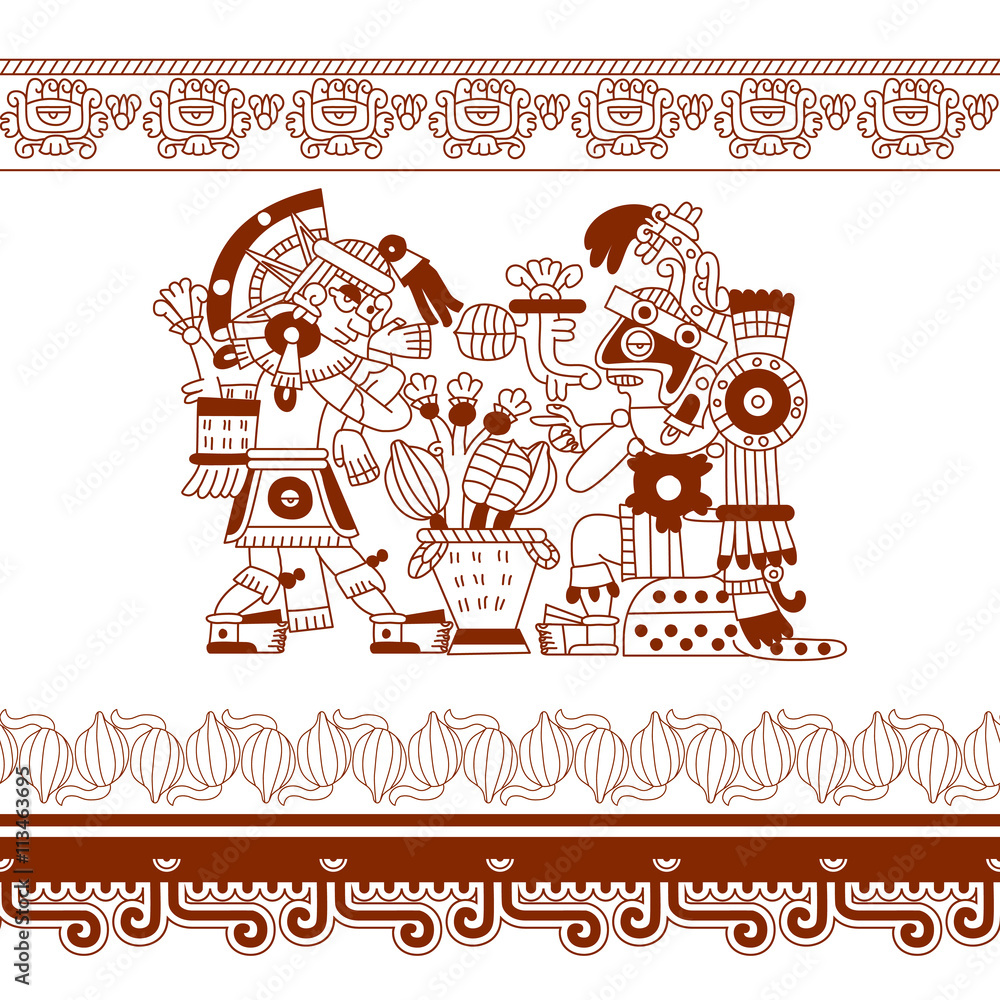 sketch drawing aztec cacao bean, leaves, nibs, pattern on brown 