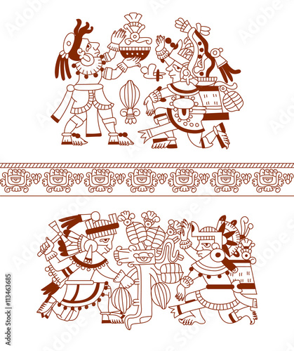 sketch drawing aztec cacao bean, leaves, nibs, pattern on brown 