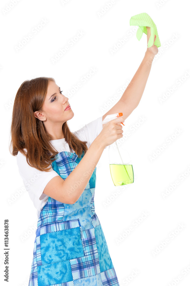 Housewife with rag and cleaning spray for window, isolated on white background Housewife with rag and cleaning spray for window, isolated on white background