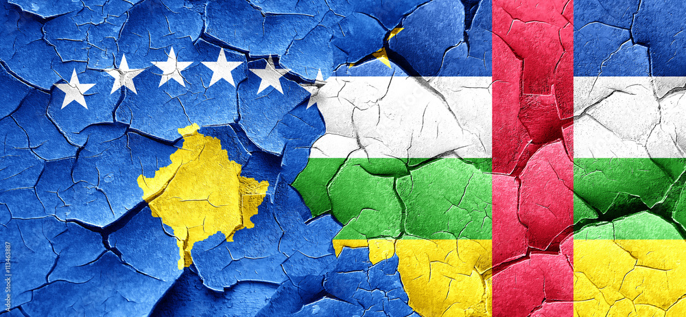 Kosovo flag with Central African Republic flag on a grunge crack