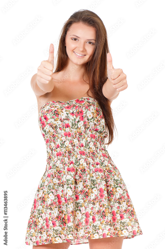 Happy teen girl portrait showing thumbs up, isolated on white background. Young cheerful girl having fun. Happy teen girl portrait showing thumbs up, isolated on white background. Young cheerful girl having fun.