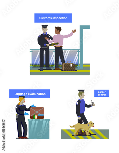info graphic set with customs man with a dog, a woman officer on luggage review