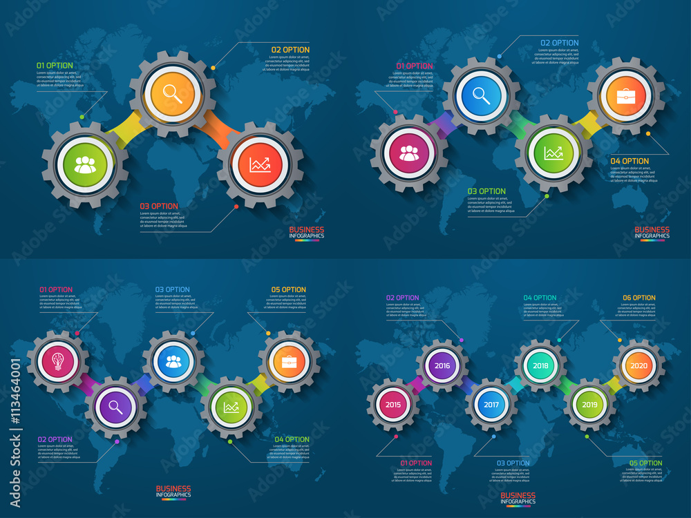 Vector infographic set of templates with gears and world map. Business and industry concept with options, parts, steps, processes. Vector infographic set of templates with gears and world map. Business and industry concept with options, parts, steps, processes.
