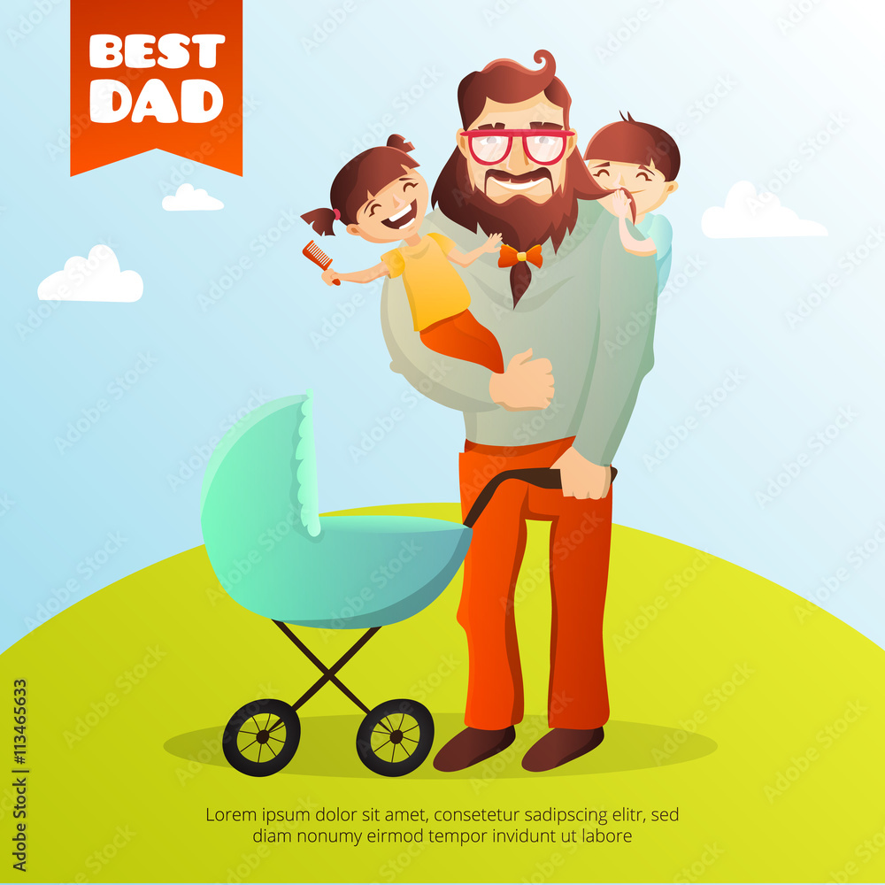 Father Day vector concept. Illustration with happy family. Hipster man and his children. Father Day vector concept. Illustration with happy family. Hipster man and his children.