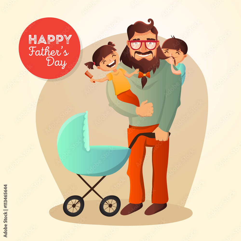 Father Day vector concept. Illustration with happy family. Hipster man and his children. Father Day vector concept. Illustration with happy family. Hipster man and his children.
