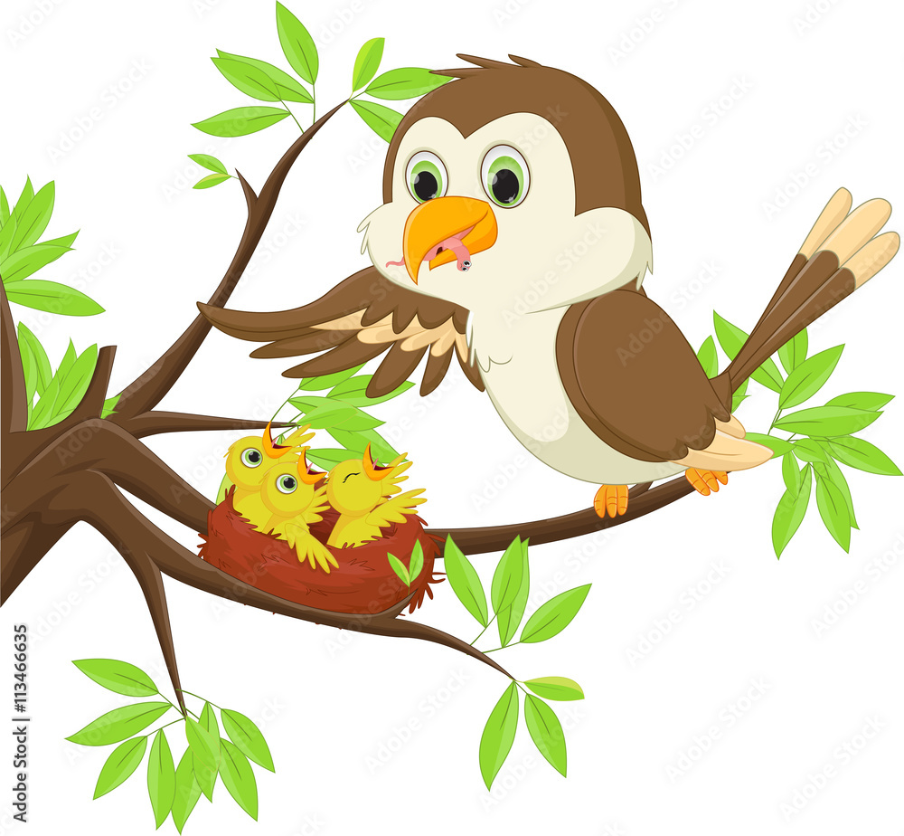 Mother bird feeding a worm to her son in the nest Mother bird feeding a worm to her son in the nest