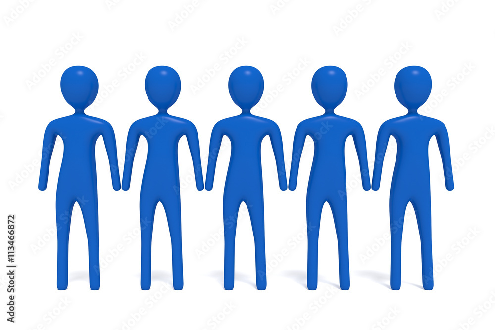 Partnership: group of five blue 3d men, 3d illustration