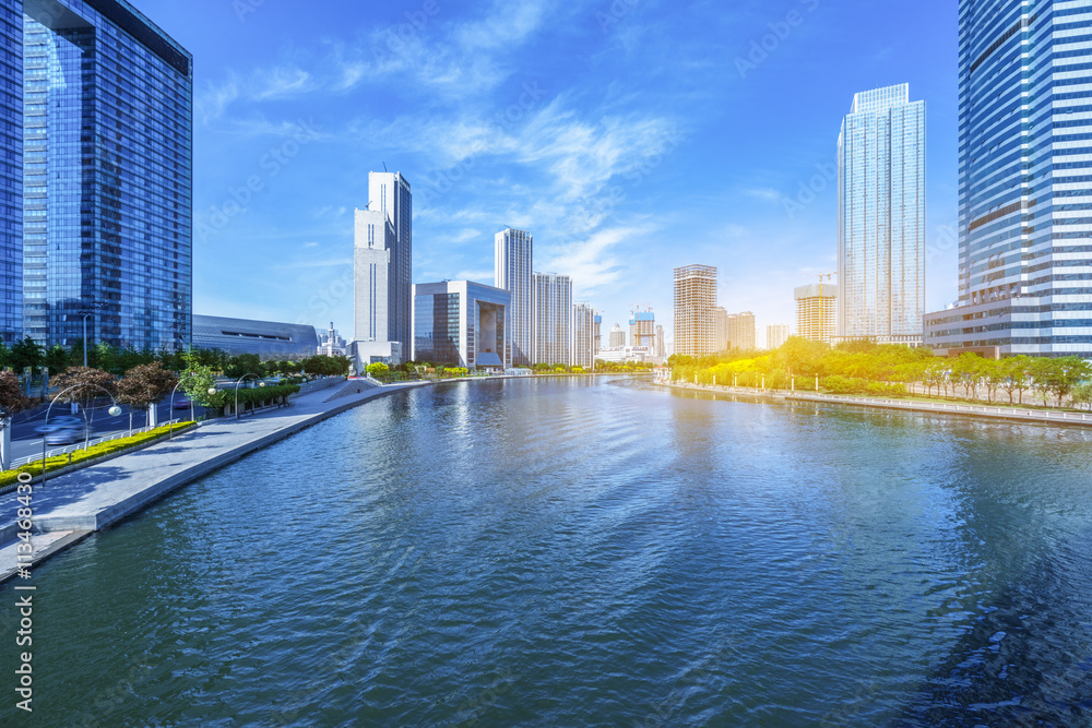 Modern buildings and river in urban city,tianjin china