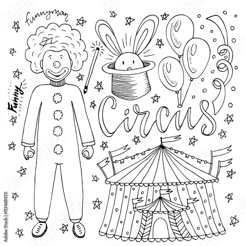 Hand drawn Circus collection with clown, balloon,  tent and magic rabbit. Coloring book page for kids