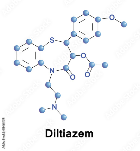 Diltiazem is a nondihydropyridines calcium channel blocker used in the treatment of hypertension, angina pectoris, and some types of arrhythmia. Vector medical illustration.