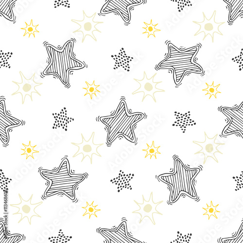 Hand drawn sketch stars seamless pattern. Childish background for textile or wrapping