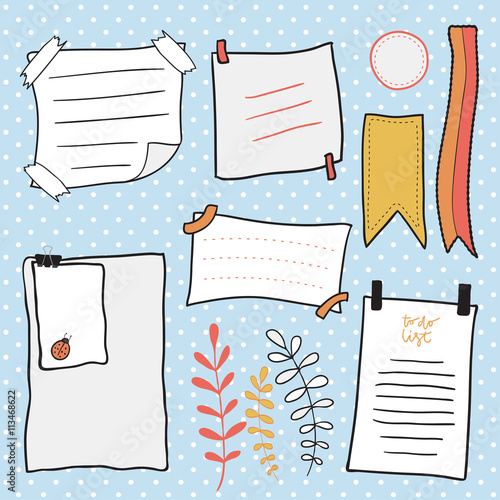 Doodle notepaper vector set. Hand drawn messages sticky notes