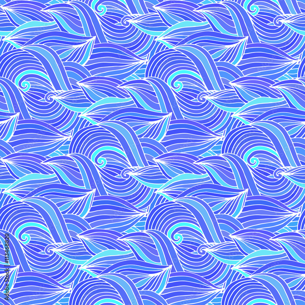 Blue waves vector repeating pattern. Doodle underwater seamless . For textile or packaging design. Blue waves vector repeating pattern. Doodle underwater seamless . For textile or packaging design.