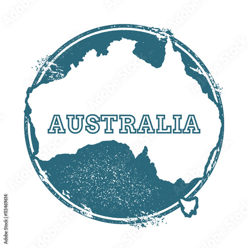 Grunge rubber stamp with name and map of Australia, vector illustration. Can be used as insignia, logotype, label, sticker or badge of the country.