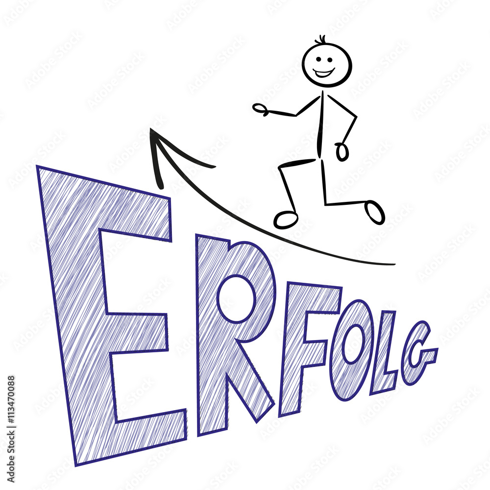 Strichmännchen hat großen Erfolg. Bild mit deutschen Wort "Erfolg