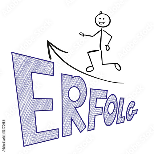 Strichmännchen hat großen Erfolg. Bild mit  deutschen Wort "Erfolg"