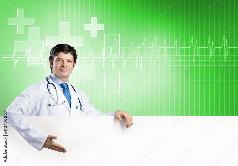 Doctor with banner Doctor with banner