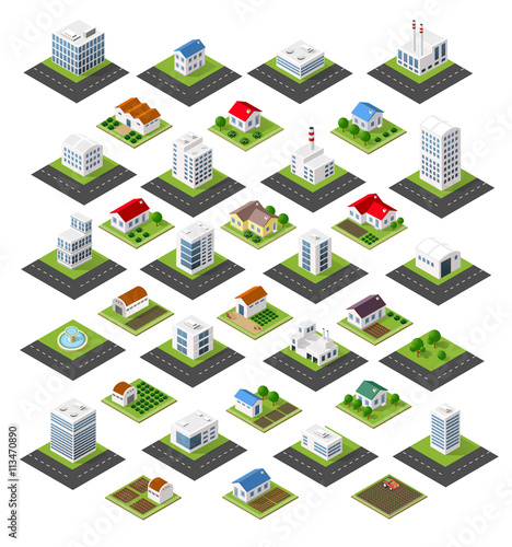 Isometric set of icons isolated town homes, skyscrapers, factories, trees, gardens and streets