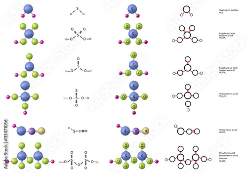 Molecules of Thiocyanic acid, Disulfuric acid (Pyrosulfuric acid, Oleum), Sulfurous (Sulphurous) acid, Hydrogen sulfide, Sulfuric (Sulphuric) acid, Thiosulfuric acid photo