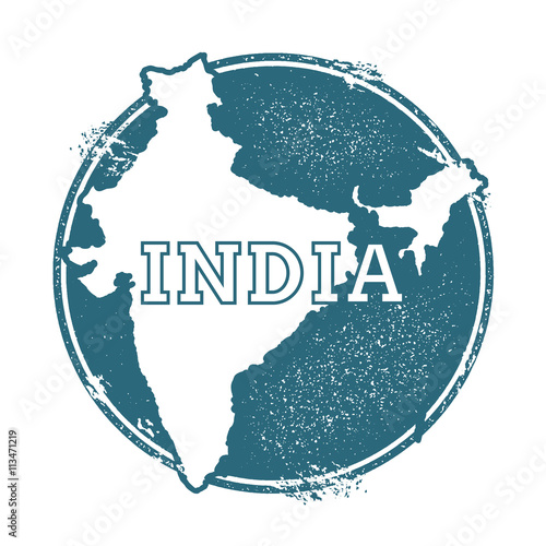 Grunge rubber stamp with name and map of India, vector illustration. Can be used as insignia, logotype, label, sticker or badge of the country.