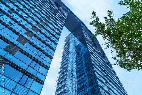 modern office building with green trees