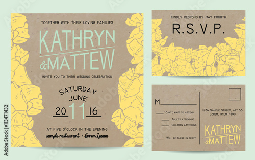 Elegant wedding invitation set with rsvp card on kraft paper